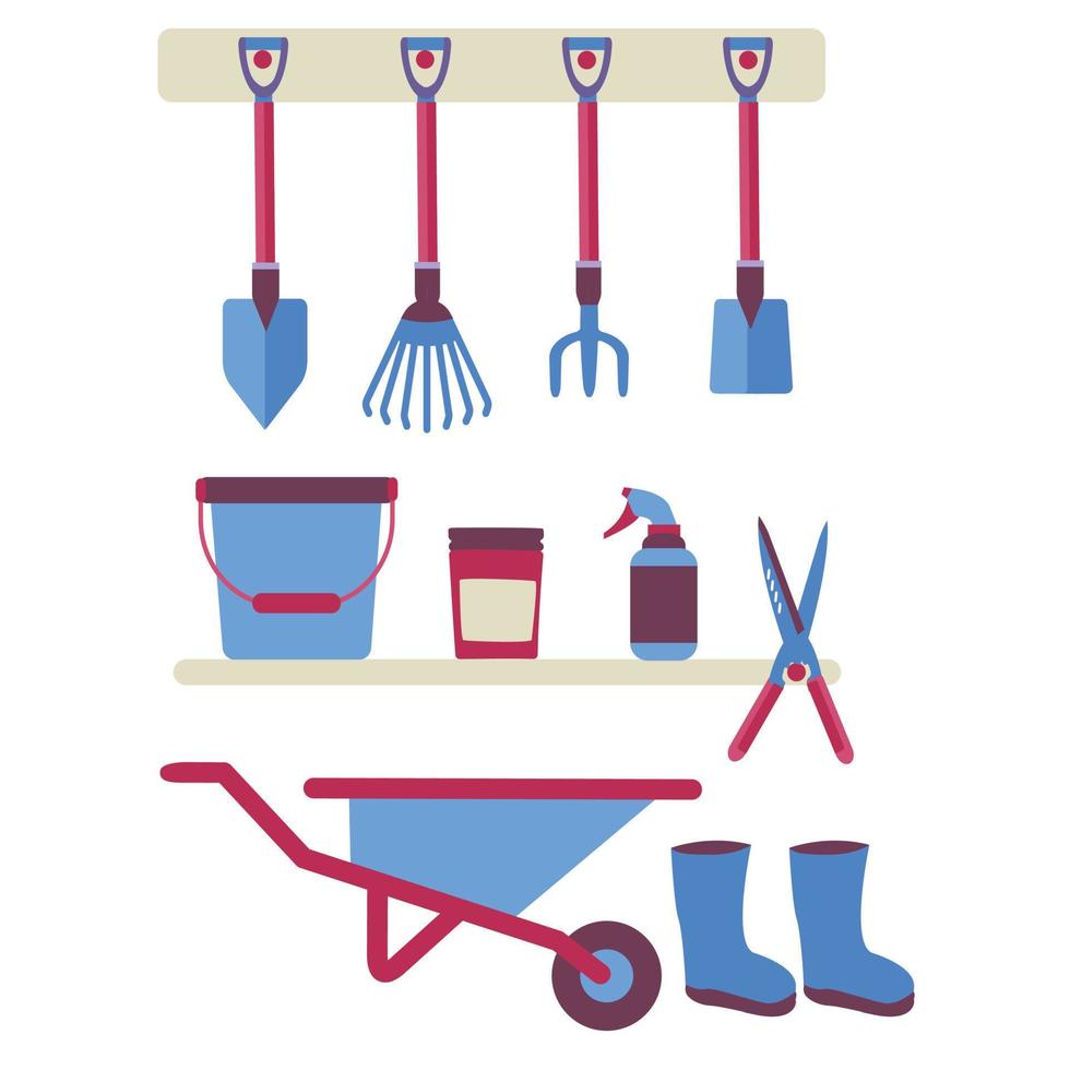 un ensemble d'outils divers pour le jardin et les chalets râteaux, pelles, seau, ciseaux, graines, brouette, bottes en caoutchouc. illustration lumineuse isolée sur fond blanc vecteur