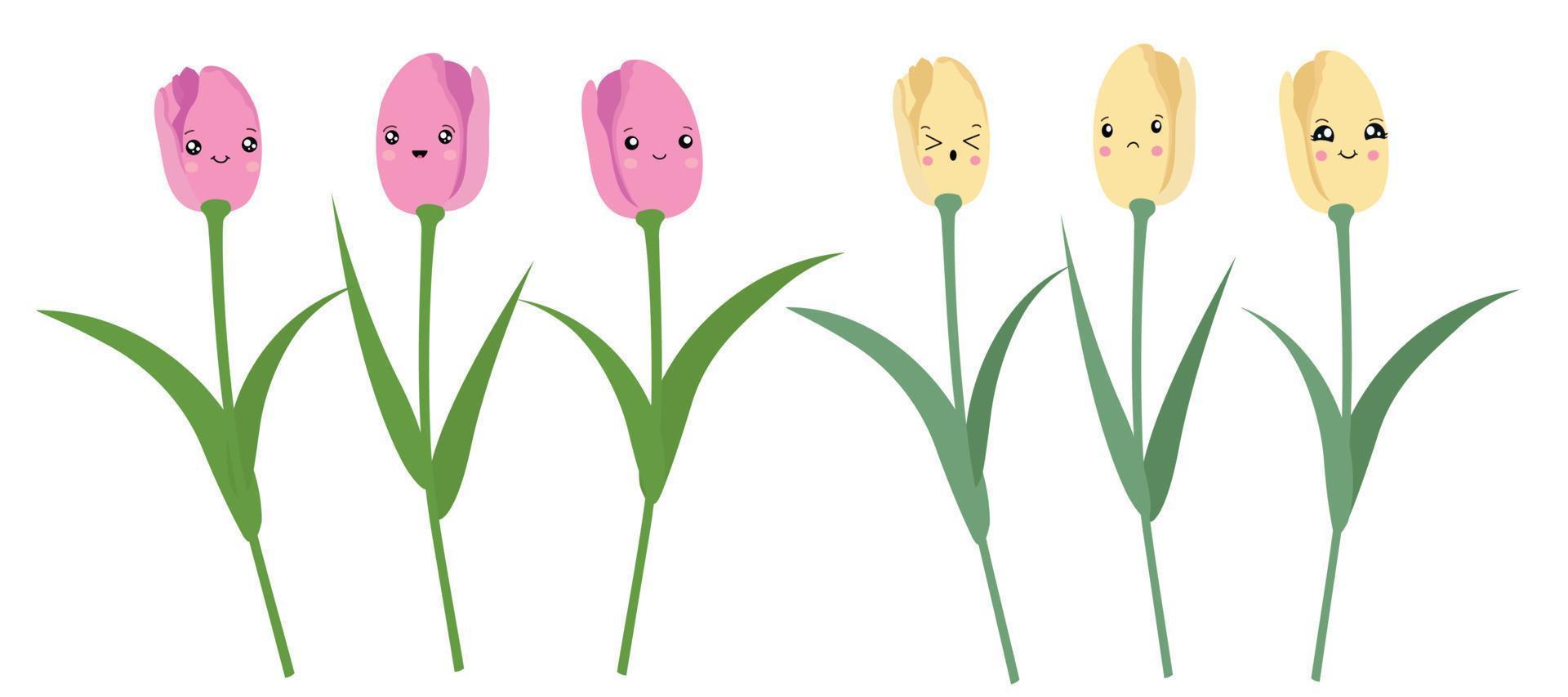 ensemble vectoriel de tulipes roses et jaunes isolées. tulipes dans le style de kawaii.