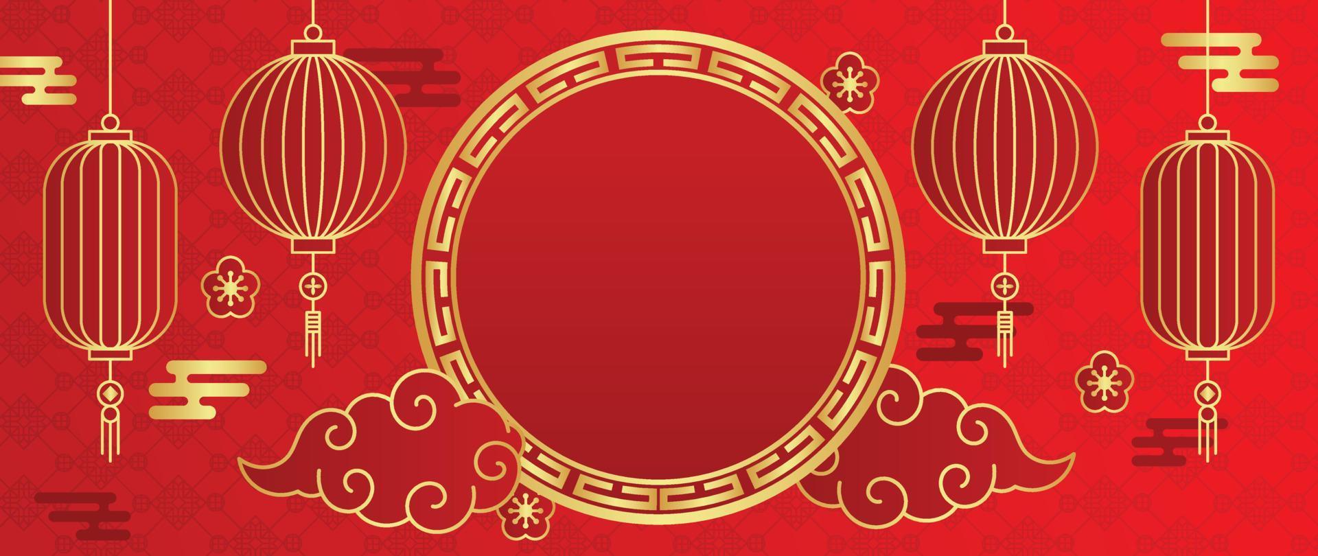 vecteur de fond de modèle de style de luxe oriental japonais et chinois. lanterne dorée, fleur, cadre circulaire et nuage sur fond rouge motif chinois. illustration de conception pour papier peint, carte, affiche.