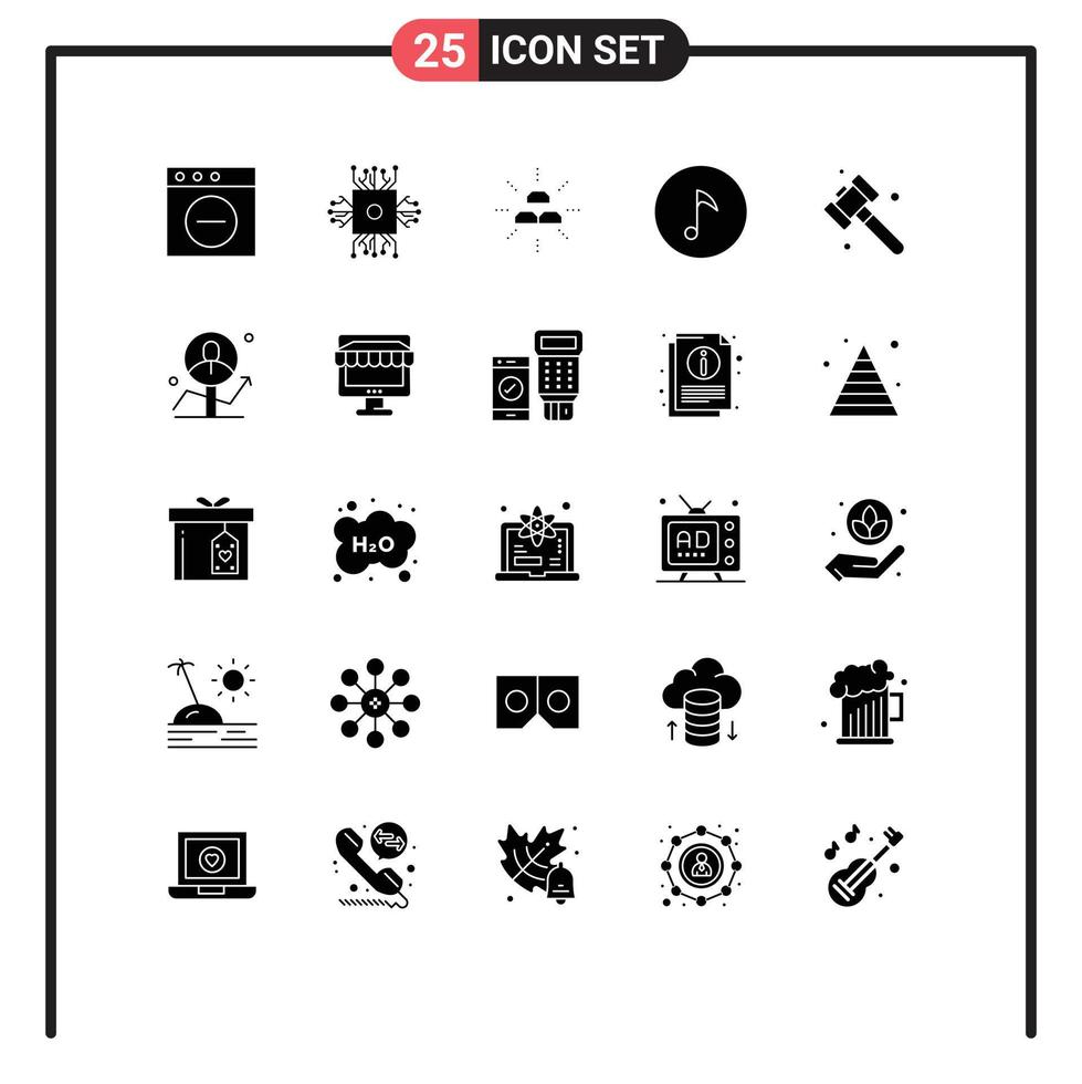interface mobile glyphe solide ensemble de 25 pictogrammes de barres de note de marteau éléments de conception vectoriels modifiables d'intérêt pour la musique vecteur