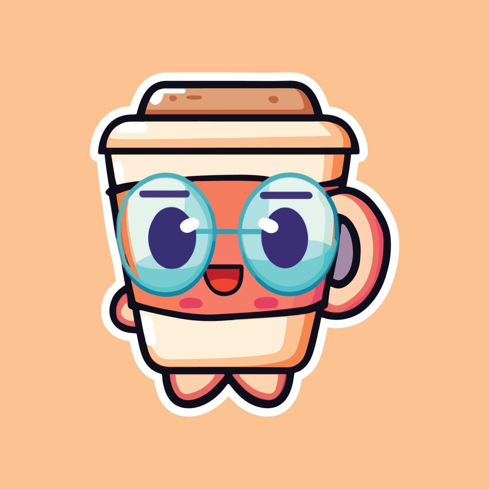 tasses à café avec yeux et lunettes. tasse et verre avec visages. logo, icône, café, modèles de conception de menus. personnages mignons de style dessin animé. trois illustrations vectorielles isolées dessinées à la main vecteur