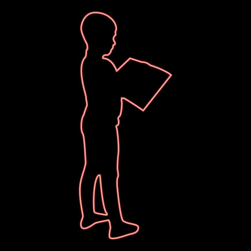 néon garçon lecture livre debout adolescent mâle avec un livre ouvert dans ses mains mignon écolier lire prêt à retourner à l'école concept éducation en ligne apprentissage couleur rouge illustration vectorielle image style plat vecteur