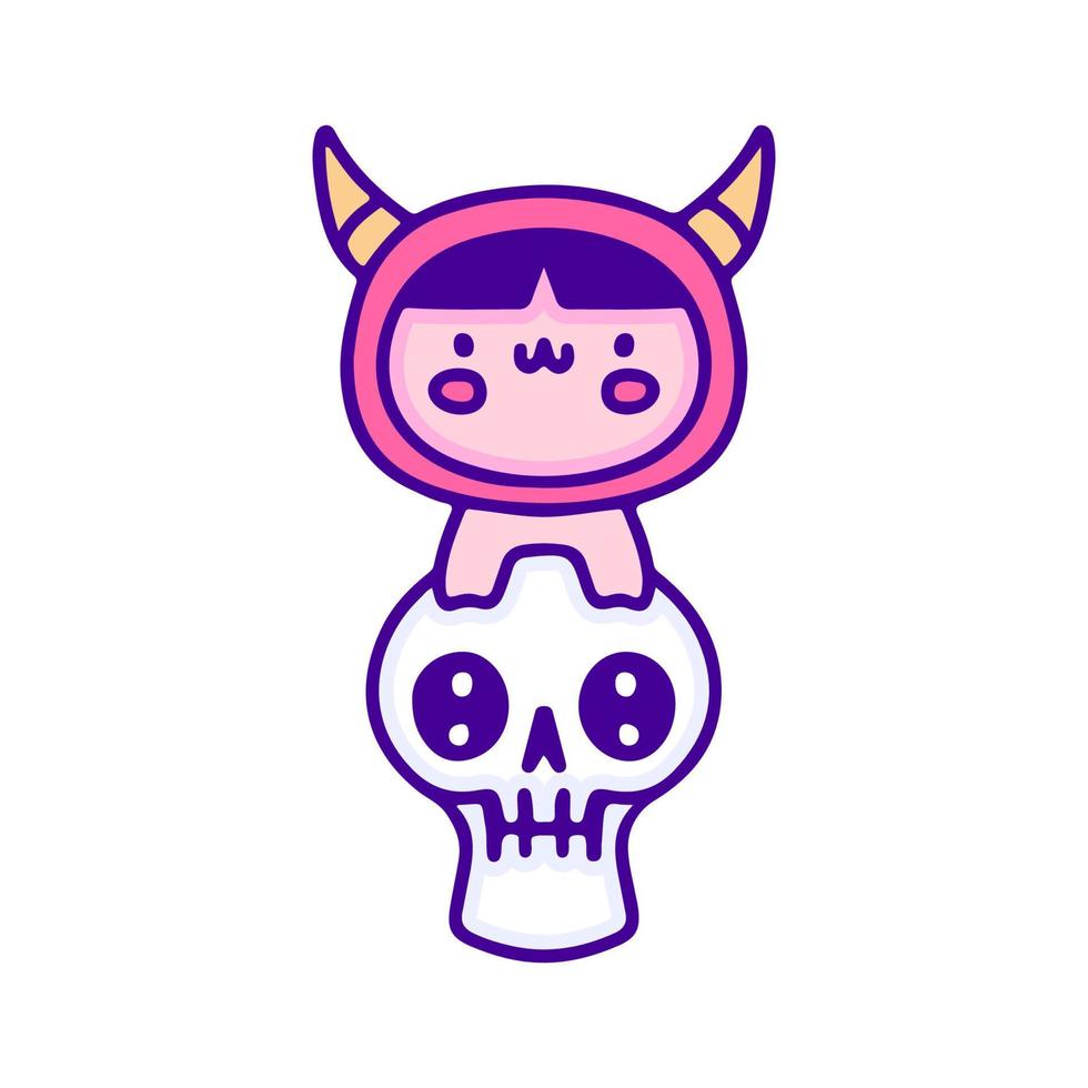 bébé mignon en costume de diable avec crâne doodle art, illustration pour t-shirt, autocollant ou marchandise vestimentaire. avec un style pop et kawaii moderne. vecteur