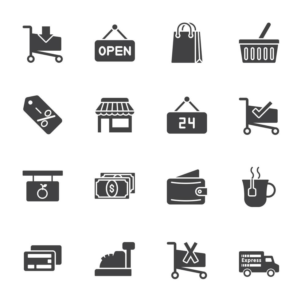 jeu d'icônes d'offre spéciale de vente flash, supermarché et centre commercial, icône vectorielle solide vecteur