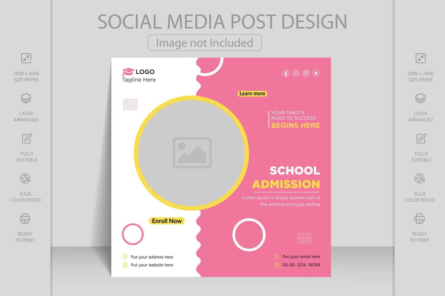 modèle de conception de flyer d'admission à l'école. publication sur les médias sociaux d'admission à l'école ou modèle de bannière web de retour à l'école ou affiche de flyer carré, publication sur les médias sociaux d'admission à l'école. vecteur