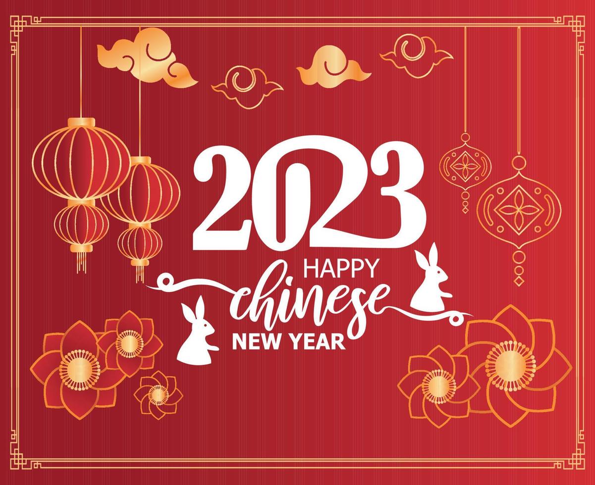 joyeux nouvel an chinois 2023 année du lapin or et blanc dessin abstrait illustration vecteur avec fond rouge