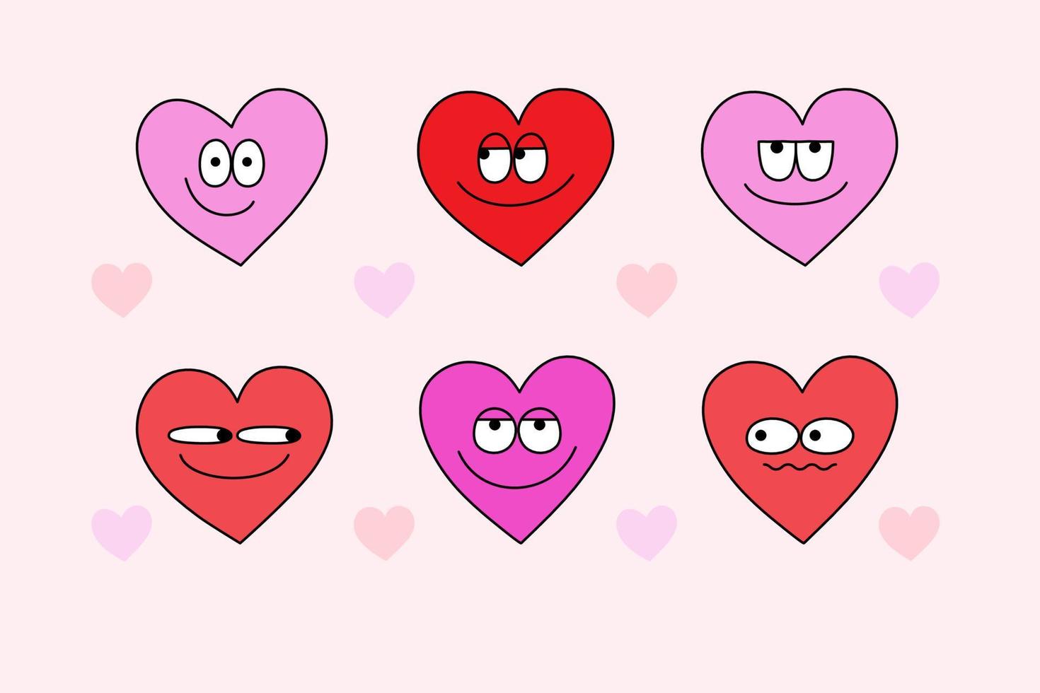 Jeu de personnages de dessin animé coeur groovy des années 70. autocollants coeur funky dessinés à la main dans un style rétro pour les cartes de voeux de la saint valentin. vecteur