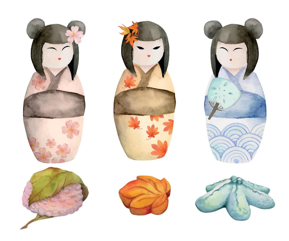 bonbons japonais traditionnels dessinés à la main à l'aquarelle. wagashi saisonnier avec poupée kokeshi. isolé sur fond blanc. conception d'invitations, menu de restaurant, cartes de voeux, impression, textile vecteur