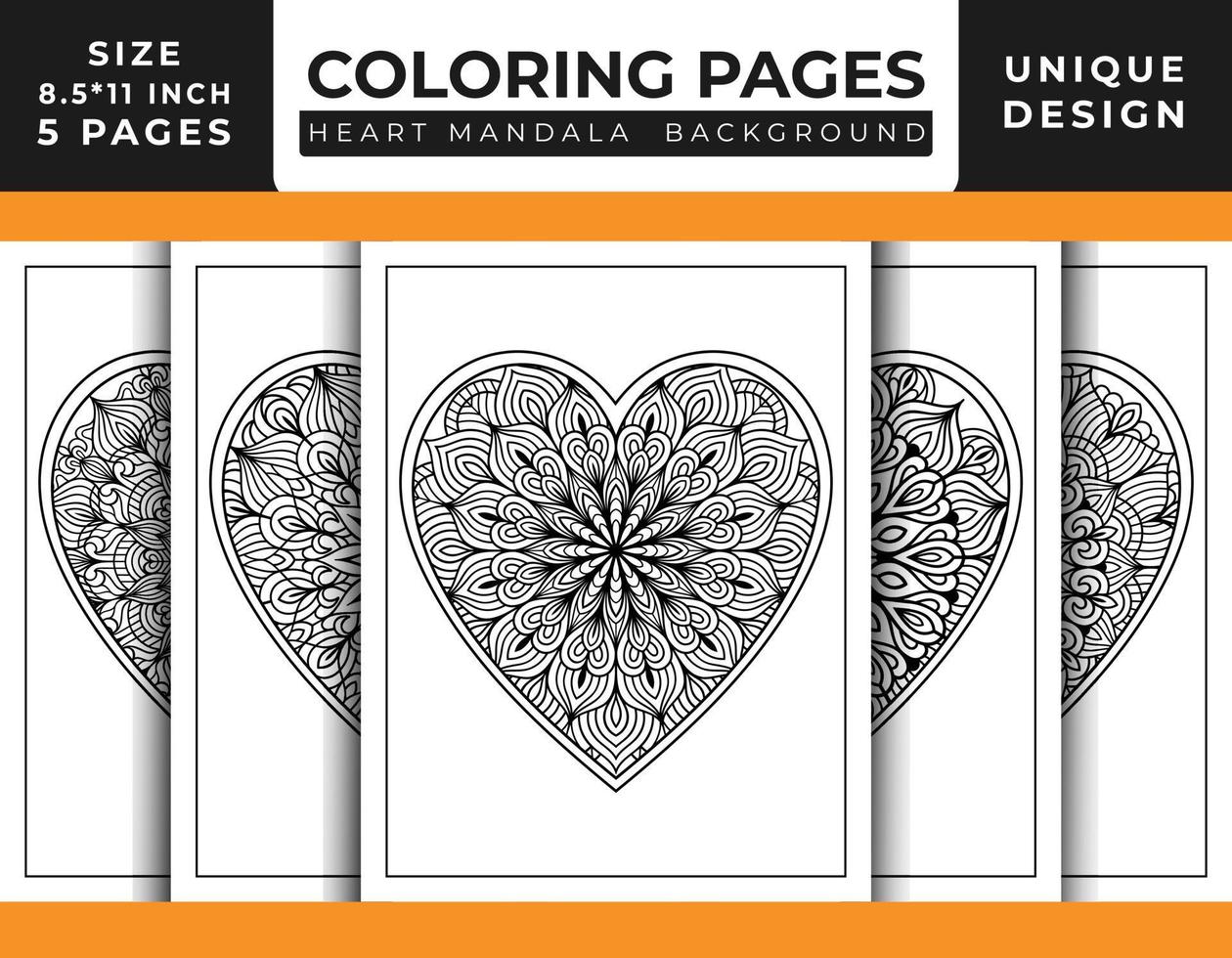 pages de coloriage d'art de motif de mandala floral en forme de coeur pour adultes, dessins au trait dessinés à la main, pages de coloriage de mandala floral de coeur de griffonnage vecteur