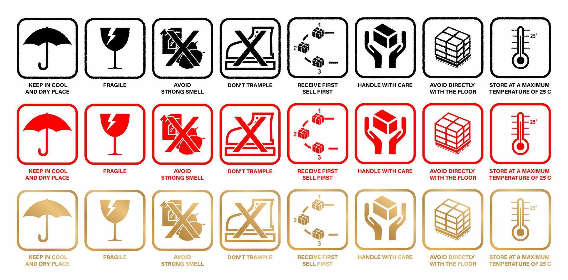 illustration de huit ou 8 icônes types de mots fragiles conceptuels avec trois ou 3 couleurs pour poignée d'avertissement avec soin logistique, étiquettes d'expédition de livraison, conteneur, boîte, fret, panneau publicitaire vecteur