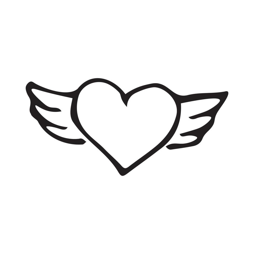 coeur de doodle avec des ailes dessinées à la main. élément de décor ornemental de vacances de la saint-valentin. bon pour la carte de voeux, la conception de tatouage. isolé sur fond blanc vecteur