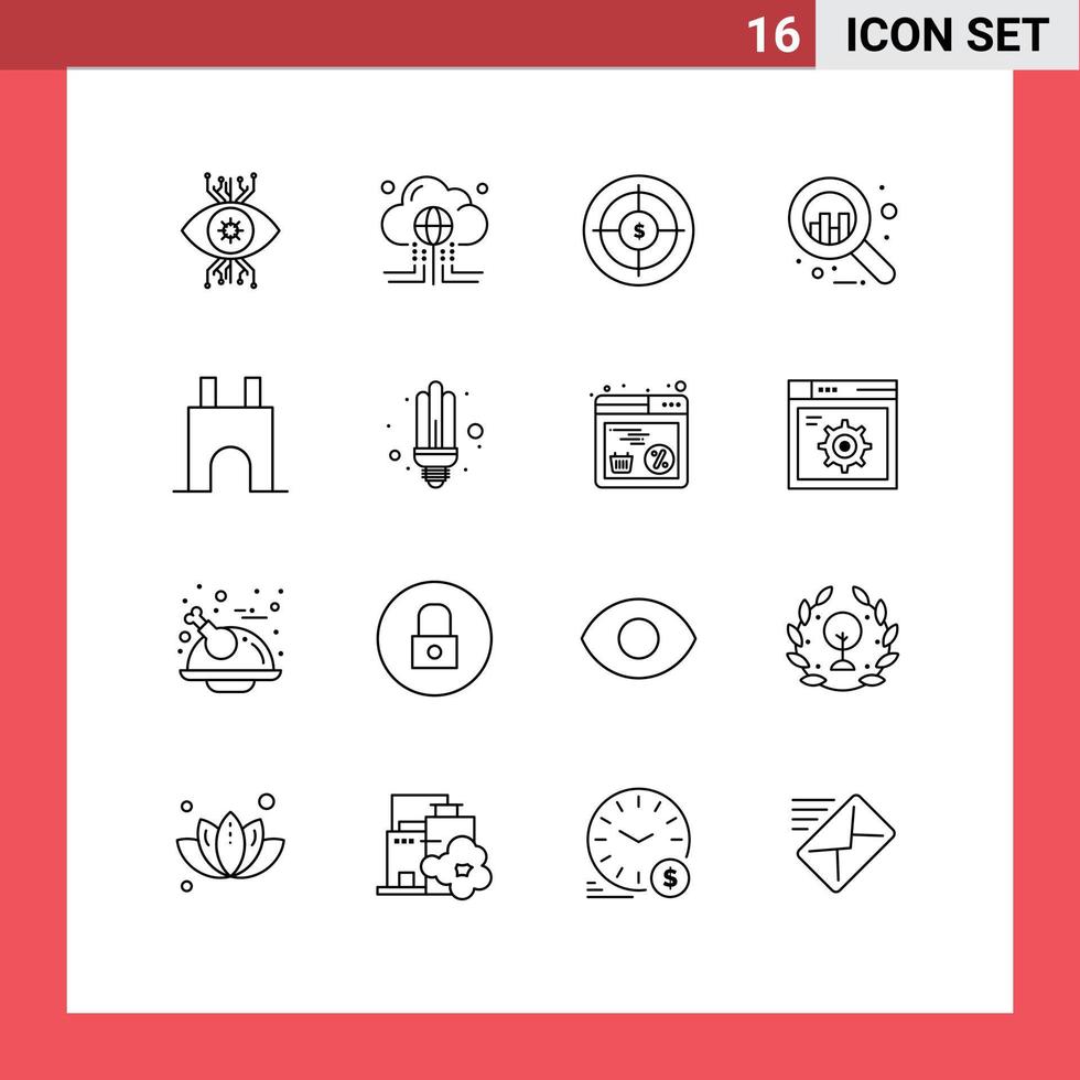 aperçu de l'interface mobile ensemble de 16 pictogrammes d'éléments de conception vectoriels modifiables d'analyse graphique cible financière globale vecteur