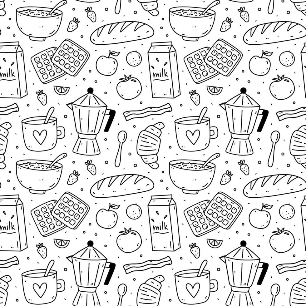 joli motif harmonieux avec petit-déjeuner - café, lait, pain, bacon, gaufres, flocons d'avoine, croissant, légumes et fruits. illustration vectorielle de doodle dessinés à la main.parfait pour l'impression, l'emballage, le papier peint vecteur