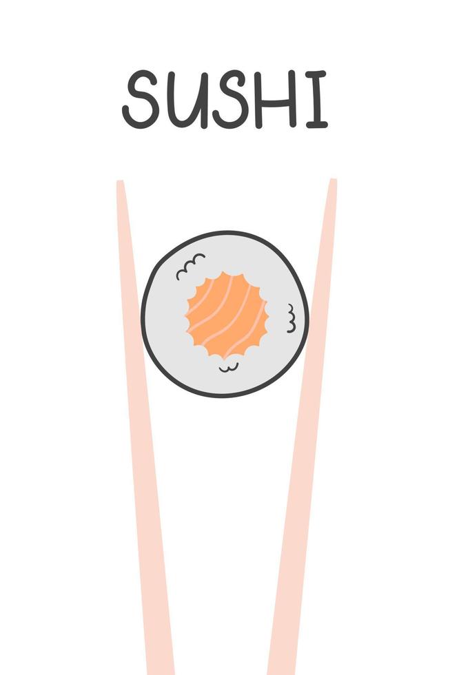 rouleau de sushi japonais au saumon en baguettes. illustration vectorielle dans un style plat doodle vecteur