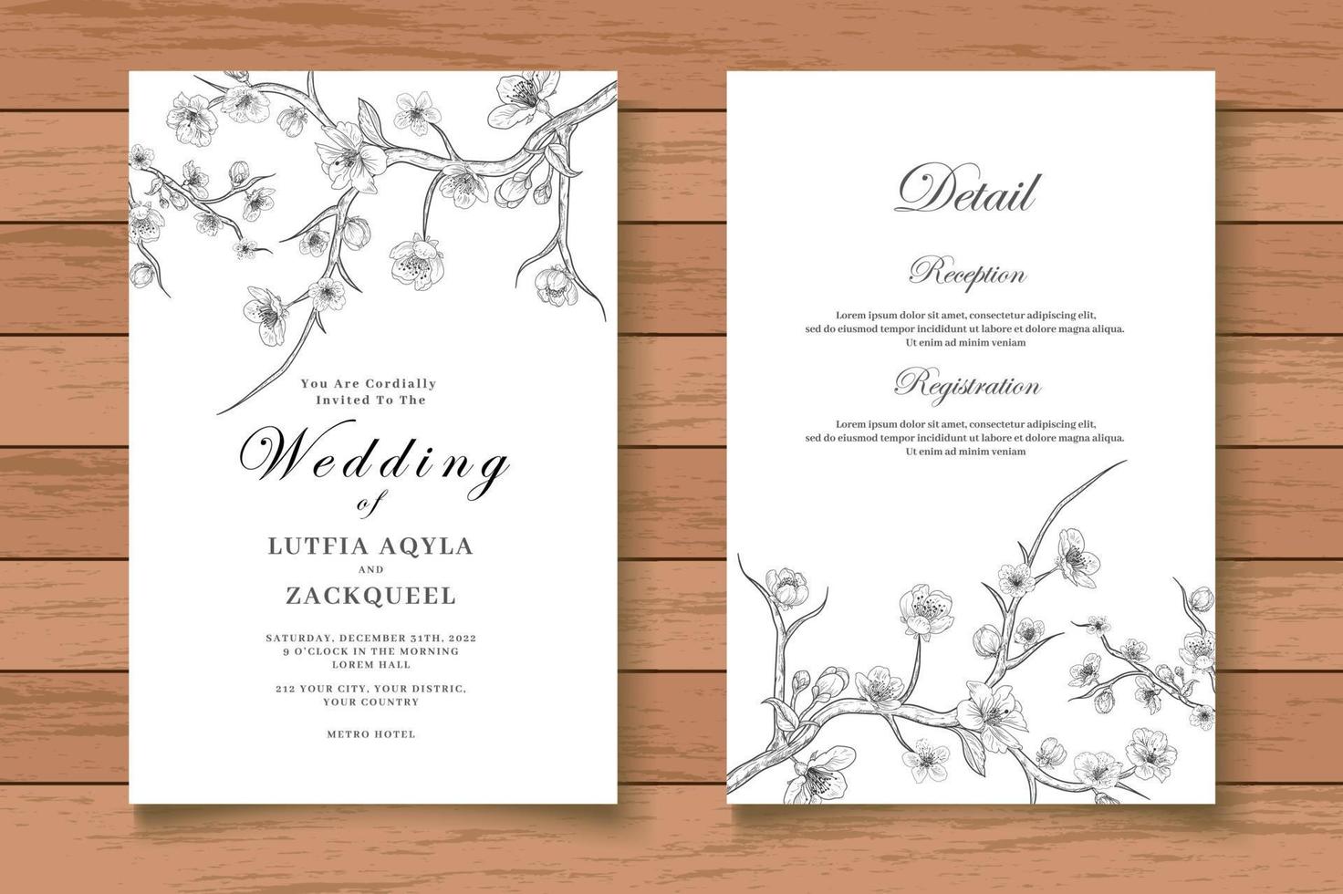 carte d'invitation de mariage floral dessin à la main élégante vecteur