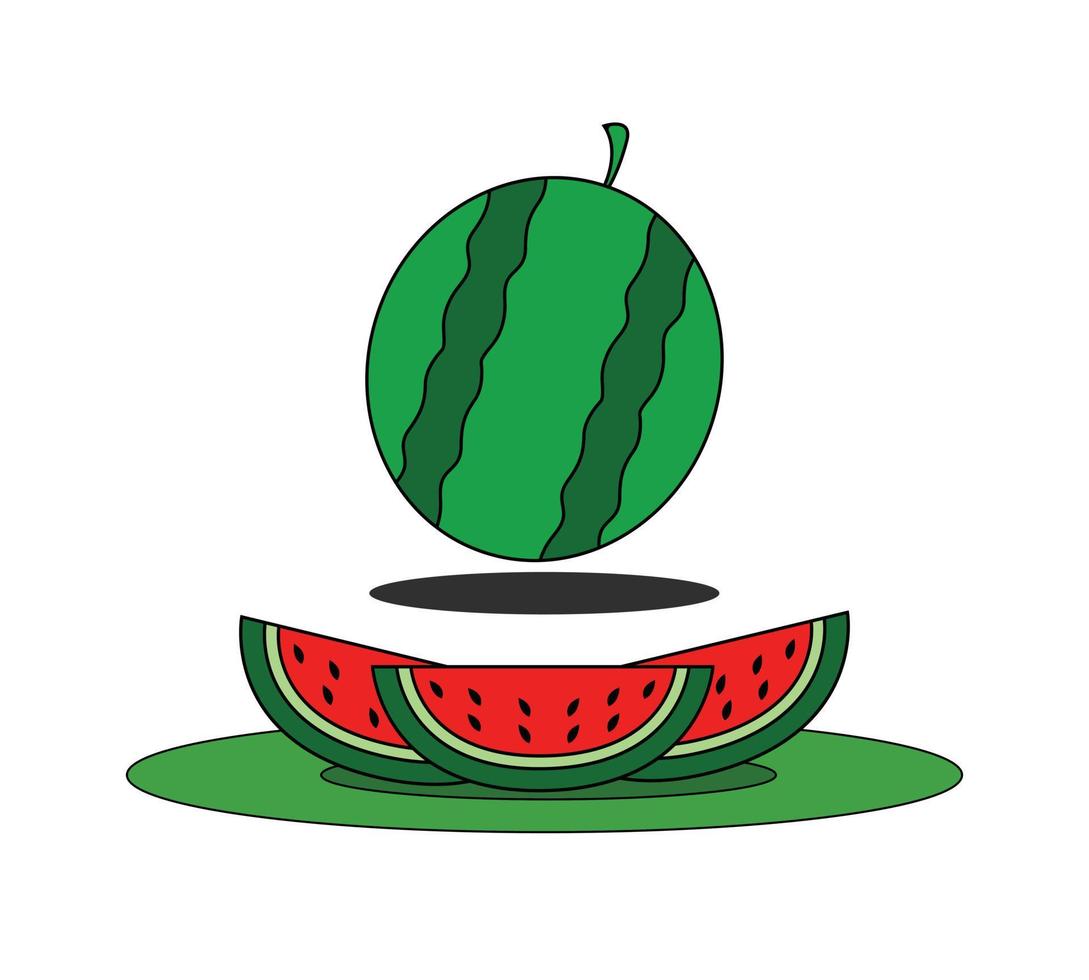 logo vectoriel d'une pastèque rouge mûre entière, tige verte, pastèque tranchée à chair rouge servie sur une assiette. modèle de pastèque d'aliments sucrés naturels. manger de délicieuses pastèques aux fruits tropicaux.