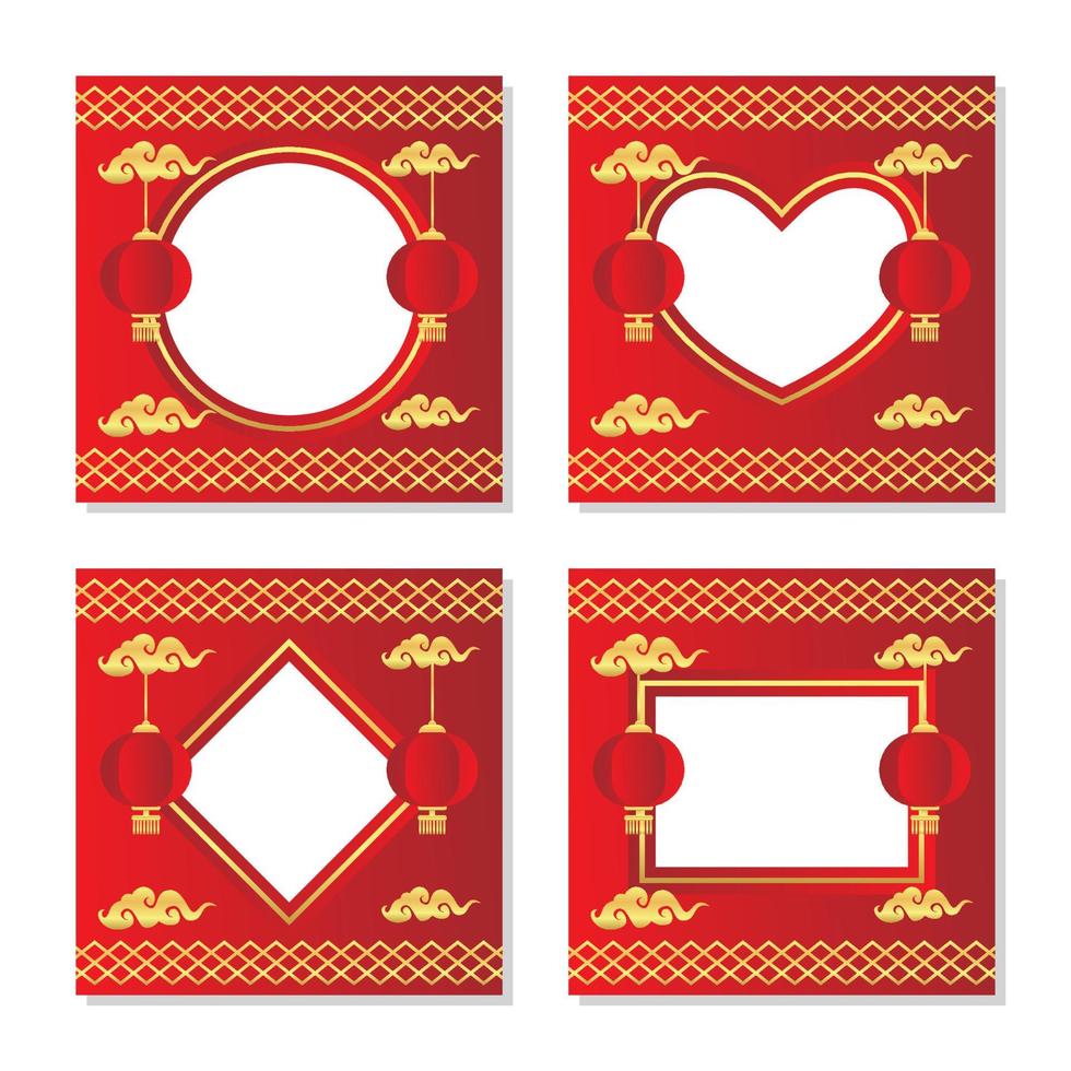 illustration vectorielle d'affiche de concept de nouvel an chinois. coeur rouge dégradé avec cadre blanc sur fond géométrique d'ornement de lanterne. bannière de vente, carte de voeux vecteur
