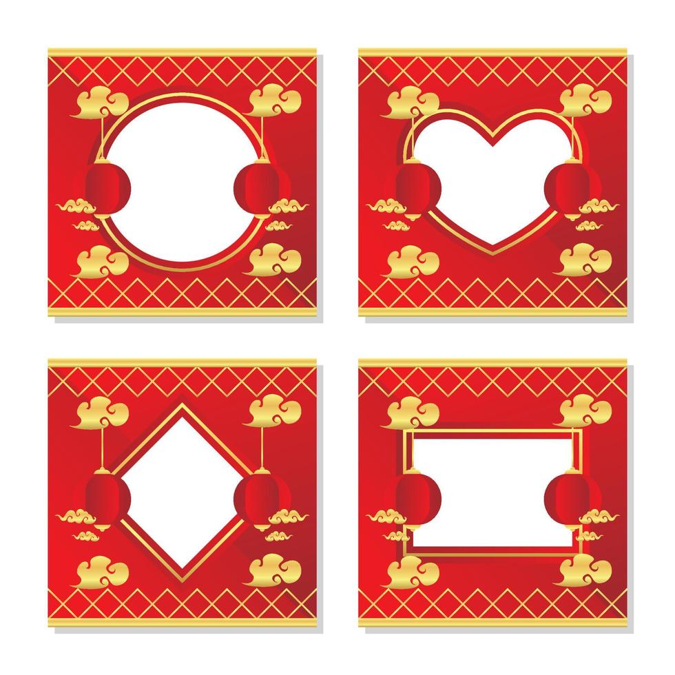 illustration vectorielle d'affiche de concept de nouvel an chinois. coeur rouge dégradé avec cadre blanc sur fond géométrique d'ornement de lanterne. bannière de vente, carte de voeux vecteur