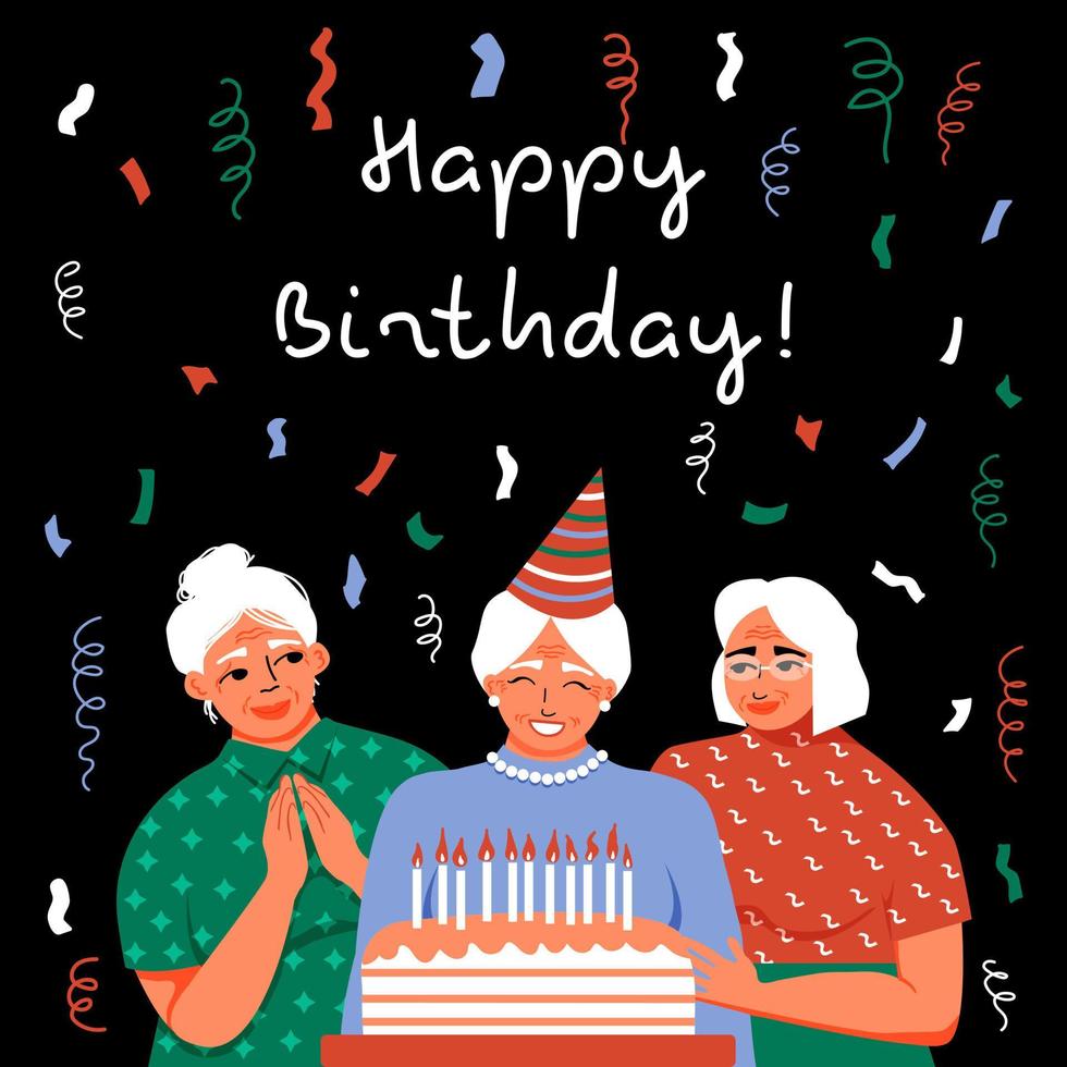 joyeux anniversaire. femmes âgées avec un gâteau d'anniversaire et fête. fête d'amis. des confettis volent dans les airs. carte de voeux. illustration vectorielle vecteur