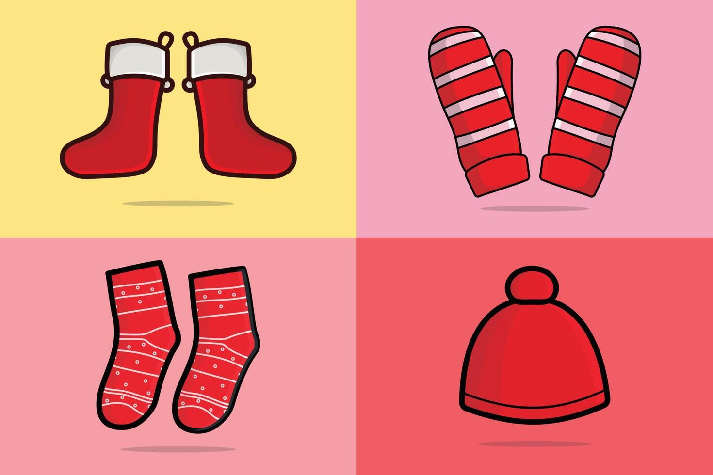 ensemble de symboles de noël et illustration vectorielle de décorations. concept de design d'icône d'objets de vacances. chaussettes de noël, chapeau de tête de père noël et création vectorielle de gants rouges. collection d'éléments de noël. vecteur