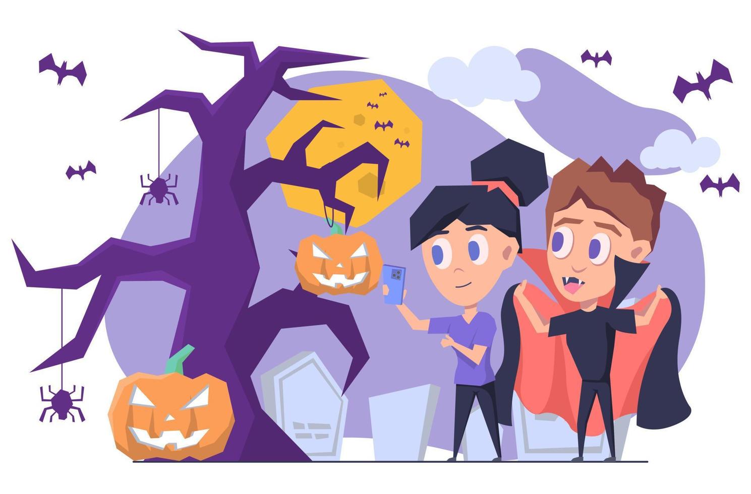 une fille et un gars en costume de vampire prenant des photos de citrouilles et d'un arbre effrayant à l'halloween, avec un cimetière et des pierres tombales à l'arrière. illustration vectorielle plane. vecteur