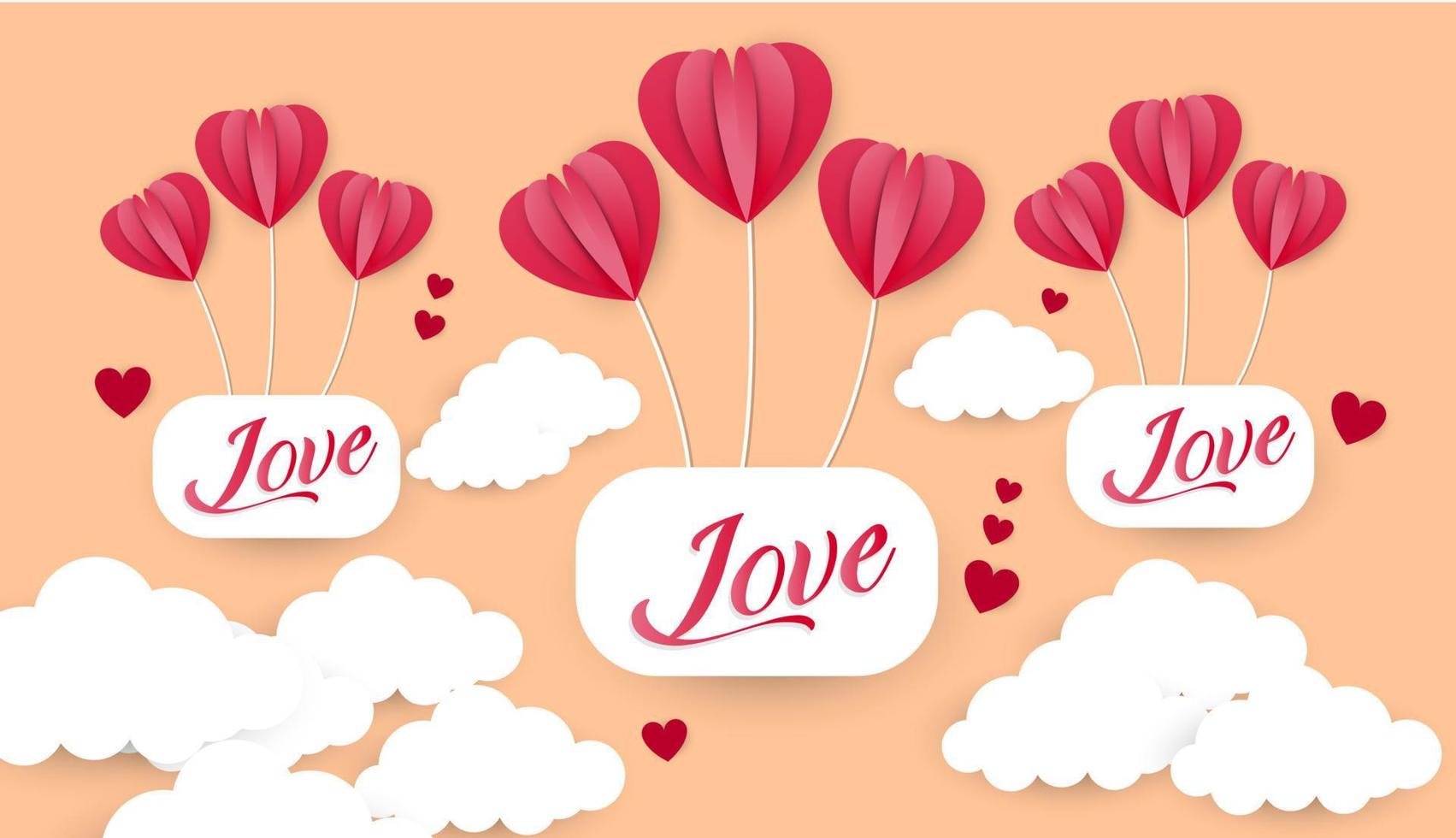 conception de vecteur de typographie happy valentines day avec des ballons en papier dans le ciel rouge rose forme de coeur coupé nuages blancs image vectorielle d'amour