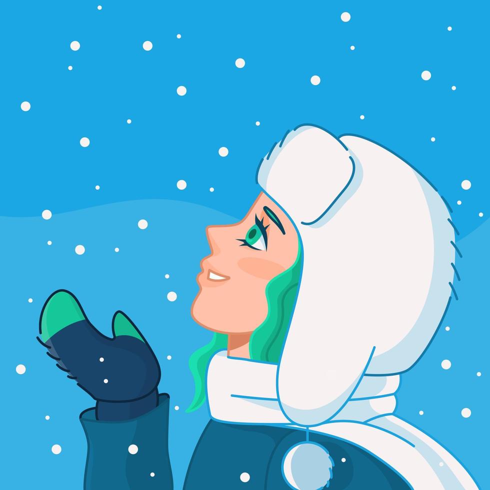 anime girl dans des vêtements chauds regarde la neige qui tombe vecteur