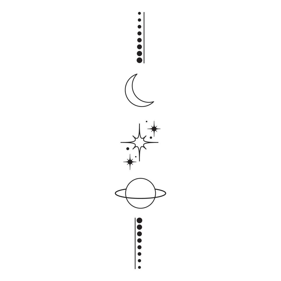 tatouage de ligne boho magique avec étoiles, lune, planète, point. illustration géométrique dessinée à la main mystique. conception bohème. icône de logo ésotérique avec des étoiles vecteur