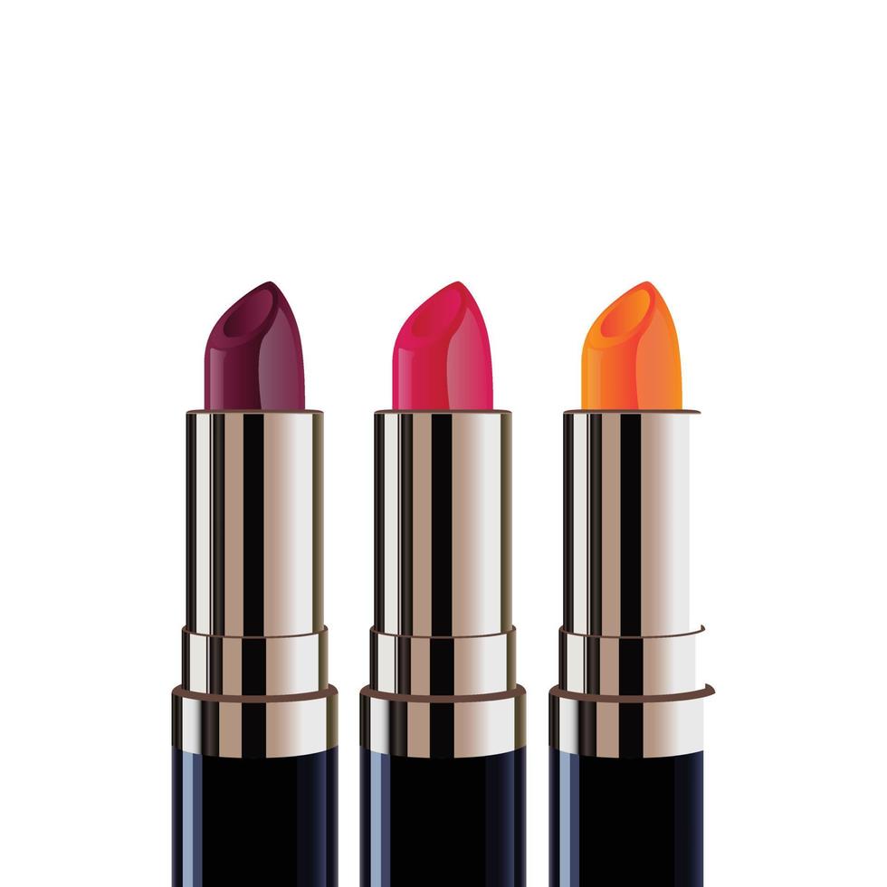 conception créative jeu de couleurs de rouge à lèvres 3d. rouge à lèvres violet, rouge à lèvres rose, rouge à lèvres orange. vecteur