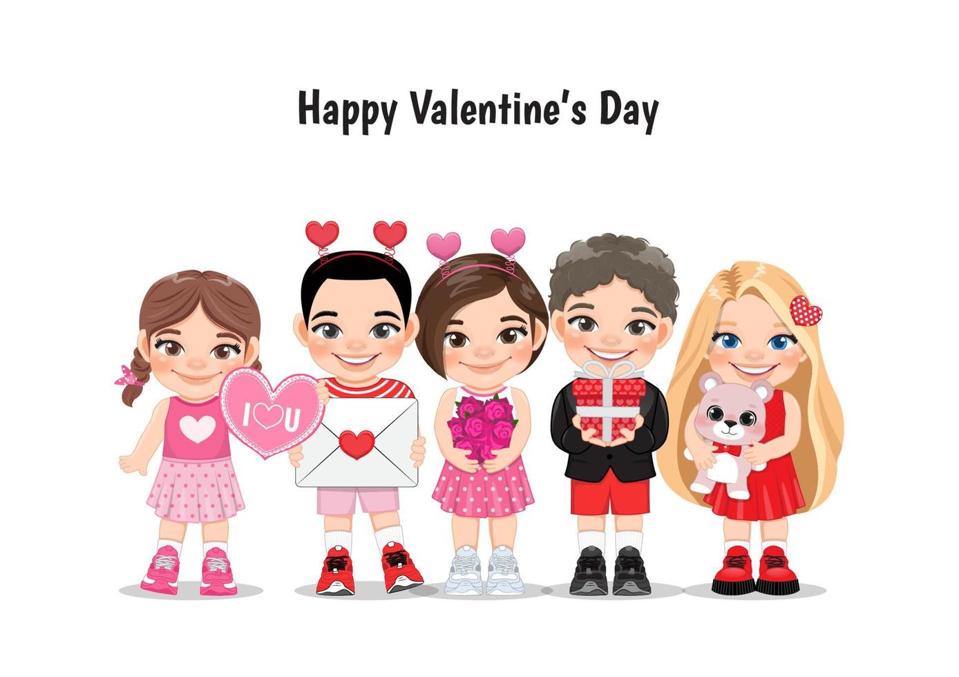 enfants de la saint-valentin avec des petits garçons et filles multiculturels datant, célébrant l'illustration vectorielle plane de la saint-valentin. jeunes copines et petits amis isolés vecteur de personnages de dessins animés.