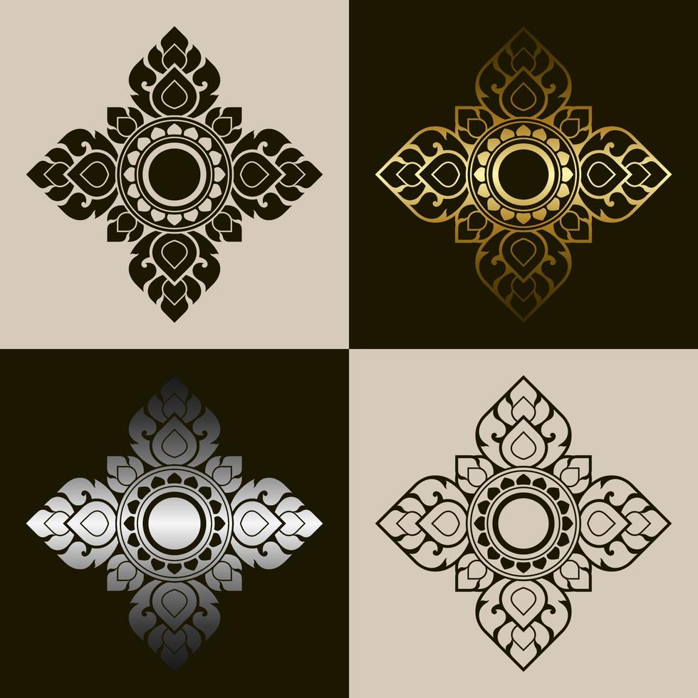 ensemble de motifs d'art thaïlandais traditionnel. igname prajam. éléments de design décoratifs brun foncé et dessin au trait. dégradé or et argent. illustration vectorielle. vecteur