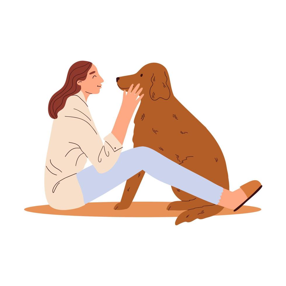 une femme joue avec un animal de compagnie. soins aux animaux. une femme et son chien. illustration vectorielle dessinés à la main dans un style plat vecteur