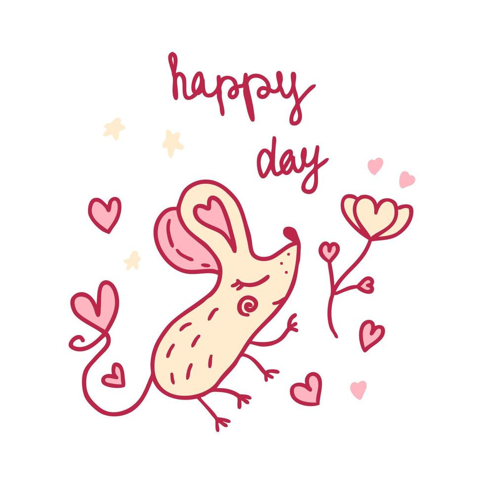 impression de slogan happy day avec une jolie souris, une fleur et des coeurs. vecteur