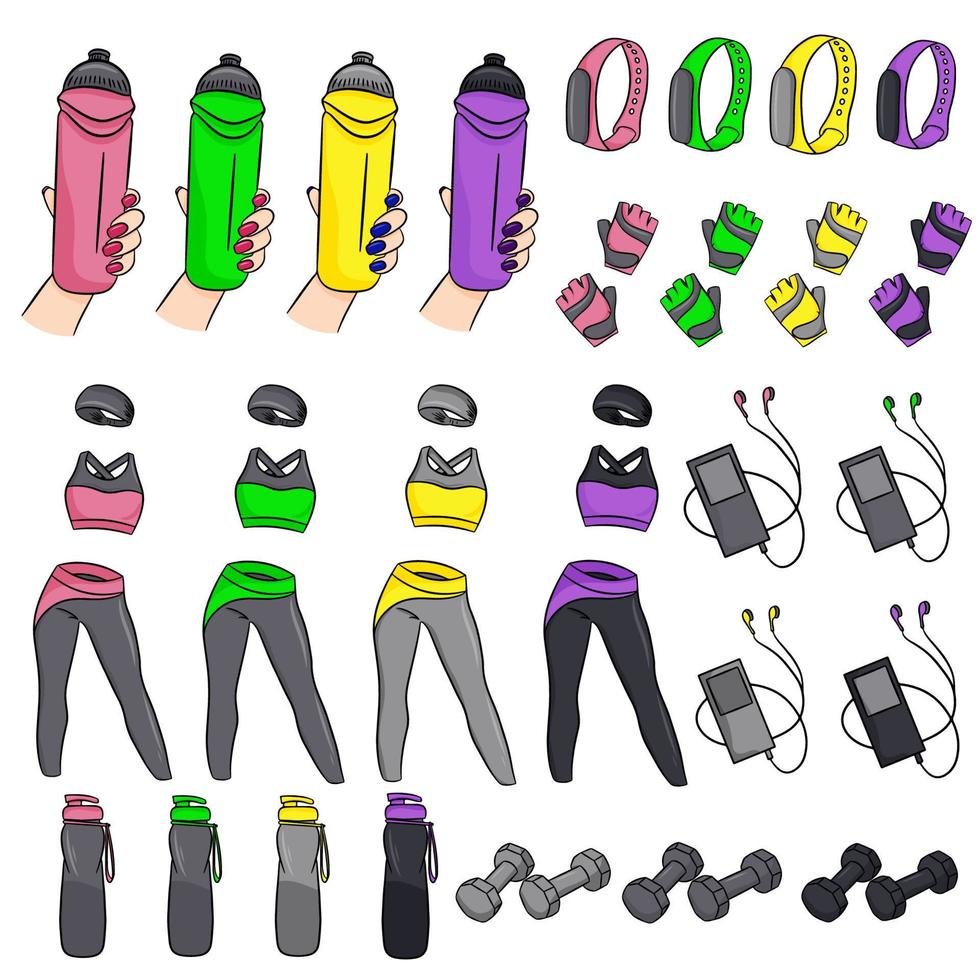 ensemble vectoriel d'accessoires de fitness en style cartoon.