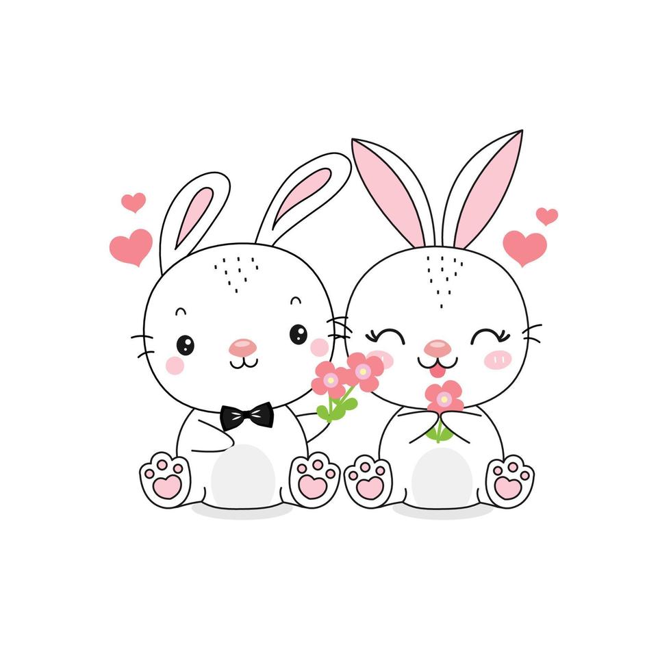 couple lapin donne des fleurs avec amour. conception de personnage de dessin animé pour la saint valentin. vecteur