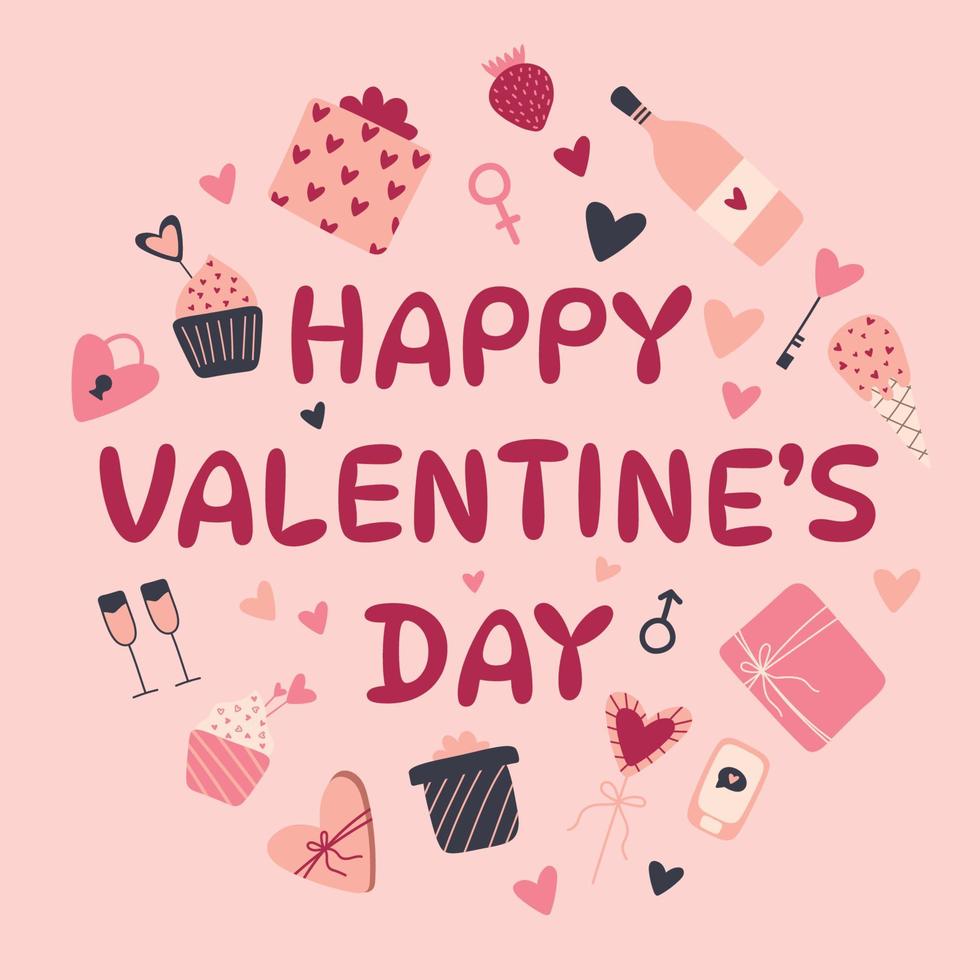 saint valentin sertie de coeur, cadeaux et autres éléments sur fond rose. notion d'amour. carte ou affiche festive vecteur