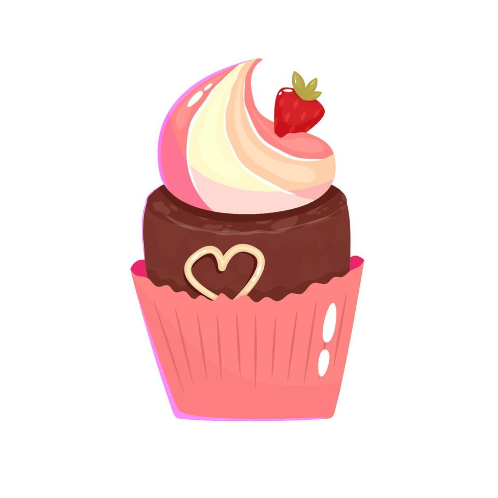 cupcake de la saint-valentin avec coeur et fraise isolés. muffins roses au chocolat, dessert sucré à la vanille pour les amoureux. illustration de vecteur de dessin animé. boulangerie pour la saint valentin