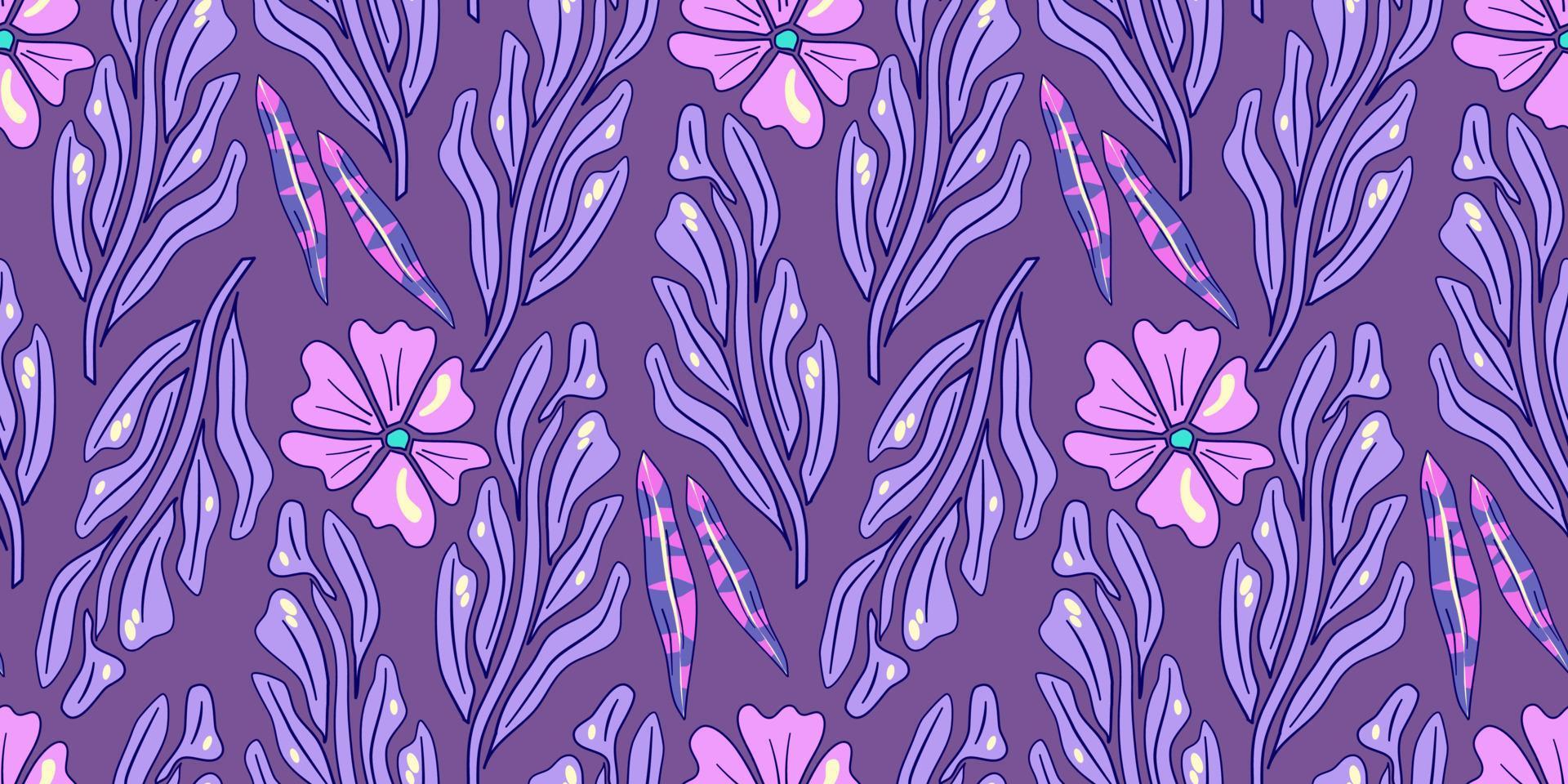 motif psychédélique trippant de fleur sans soudure. modèle sans couture psychédélique violet. imprimé de marguerites florales magiques. illustration plate florale hippie design trippy. impression rétro y2k vecteur