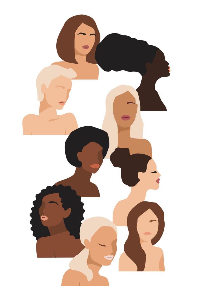 illustration vectorielle isolée de femmes abstraites avec différentes couleurs de peau. lutte pour la liberté, l'indépendance, l'égalité. concept pour la journée internationale de la femme et autres usages vecteur