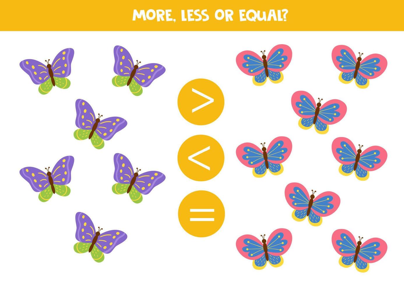 plus, moins, égal avec de jolis papillons de dessin animé. jeu de mathématiques pour les enfants. vecteur