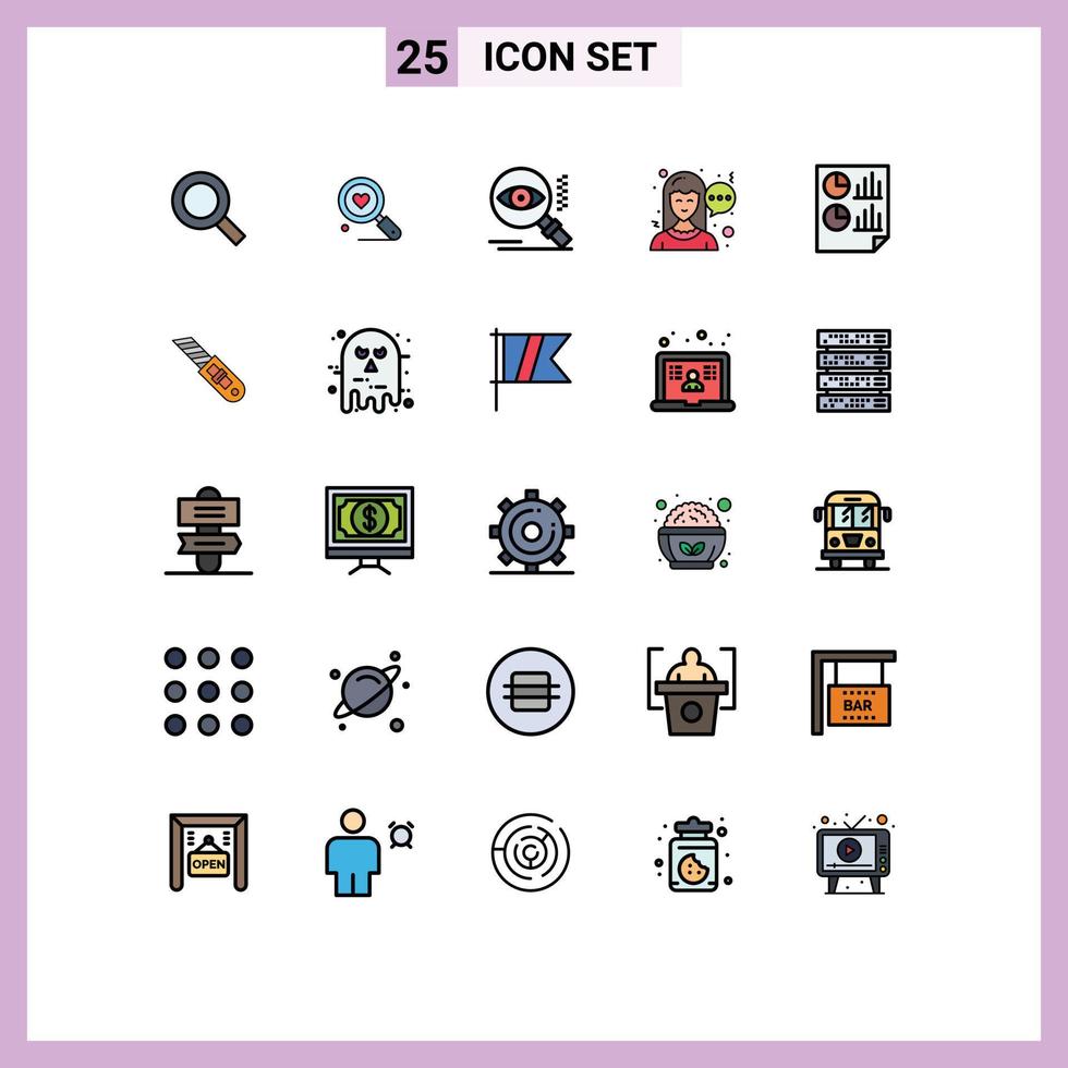 interface mobile ligne remplie couleur plate ensemble de 25 pictogrammes d'analyse de documents oeil femme chat éléments de conception vectoriels modifiables vecteur