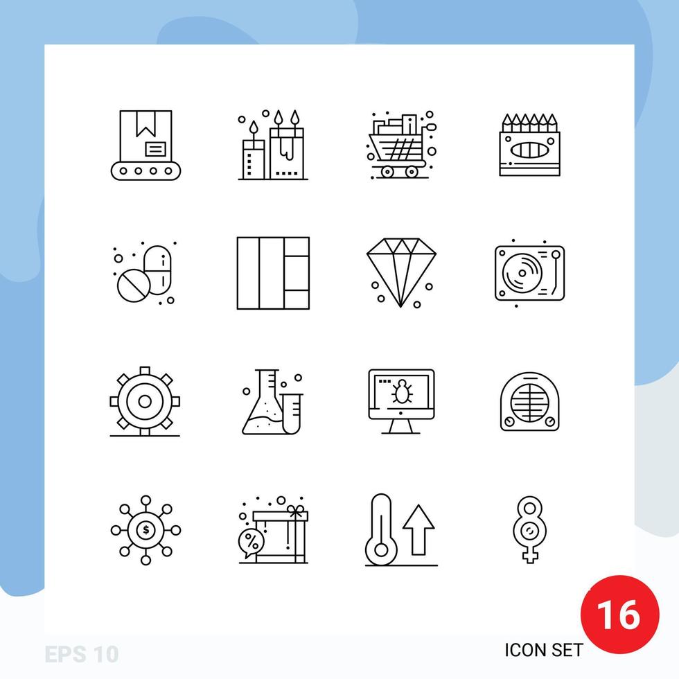 symboles d'icônes universels groupe de 16 contours modernes d'éléments de conception vectoriels modifiables de chariot d'art de chariot d'arts médicaux vecteur
