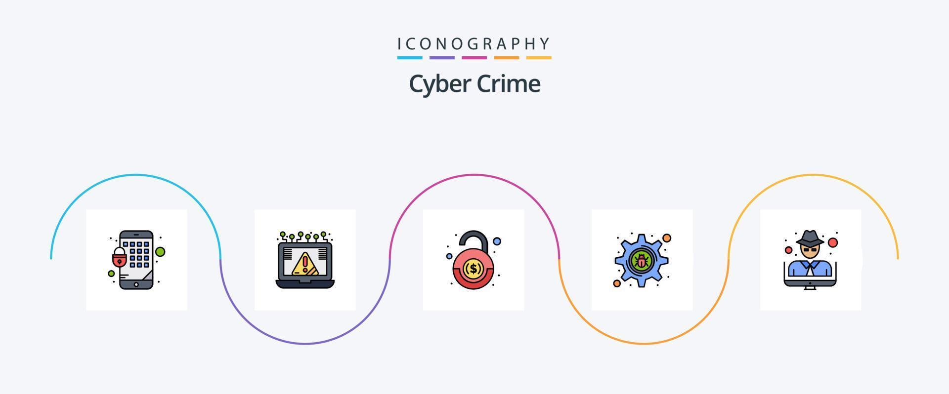 ligne de cybercriminalité remplie de pack d'icônes plat 5, y compris le pirate. bogue de réglage. pirate. Sécurité vecteur