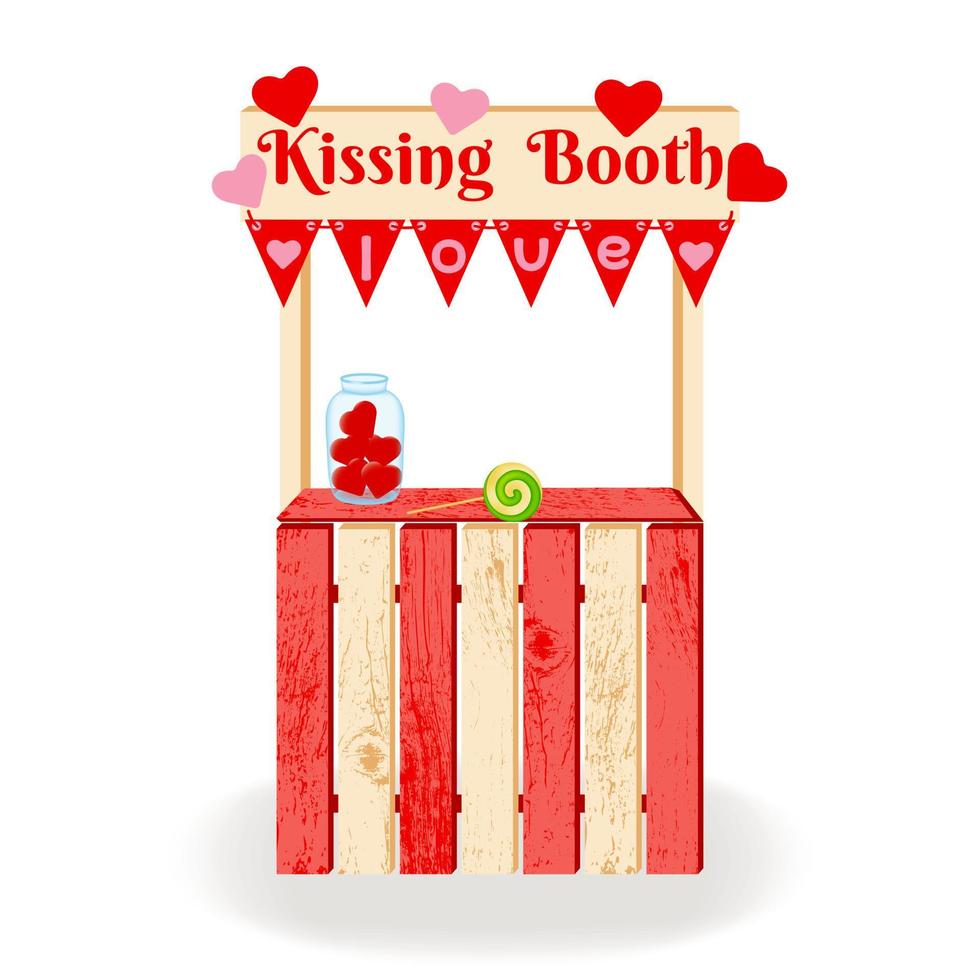 stand de baisers. stand de baisers en bois décoré de symboles d'amour et d'une guirlande de drapeaux. pour célébrer la Saint-Valentin, un mariage ou un anniversaire. illustration vectorielle. vecteur