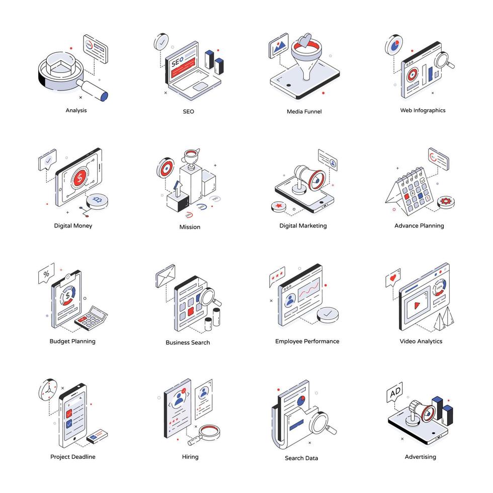 collection d'icônes isométriques de marketing d'entreprise vecteur