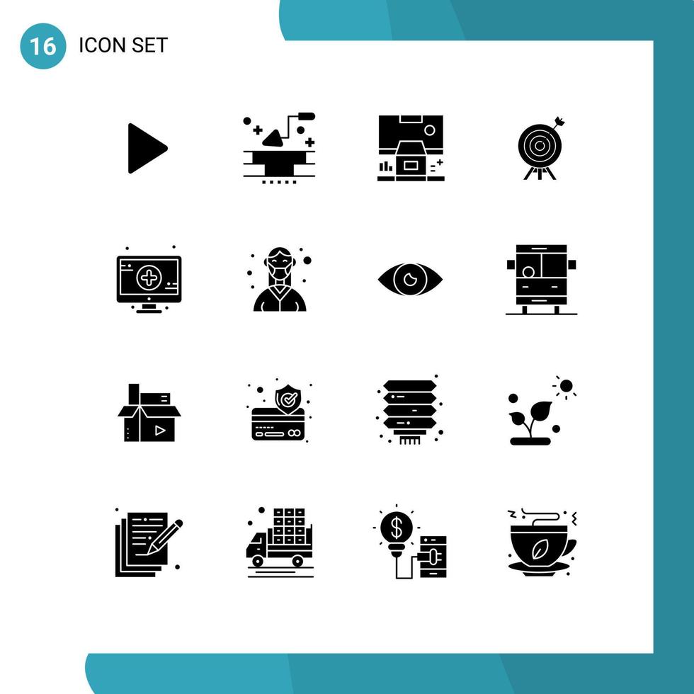 groupe de 16 glyphes solides modernes définis pour les éléments de conception vectoriels modifiables de la salle de tir à l'arc de la cabine médicale vecteur