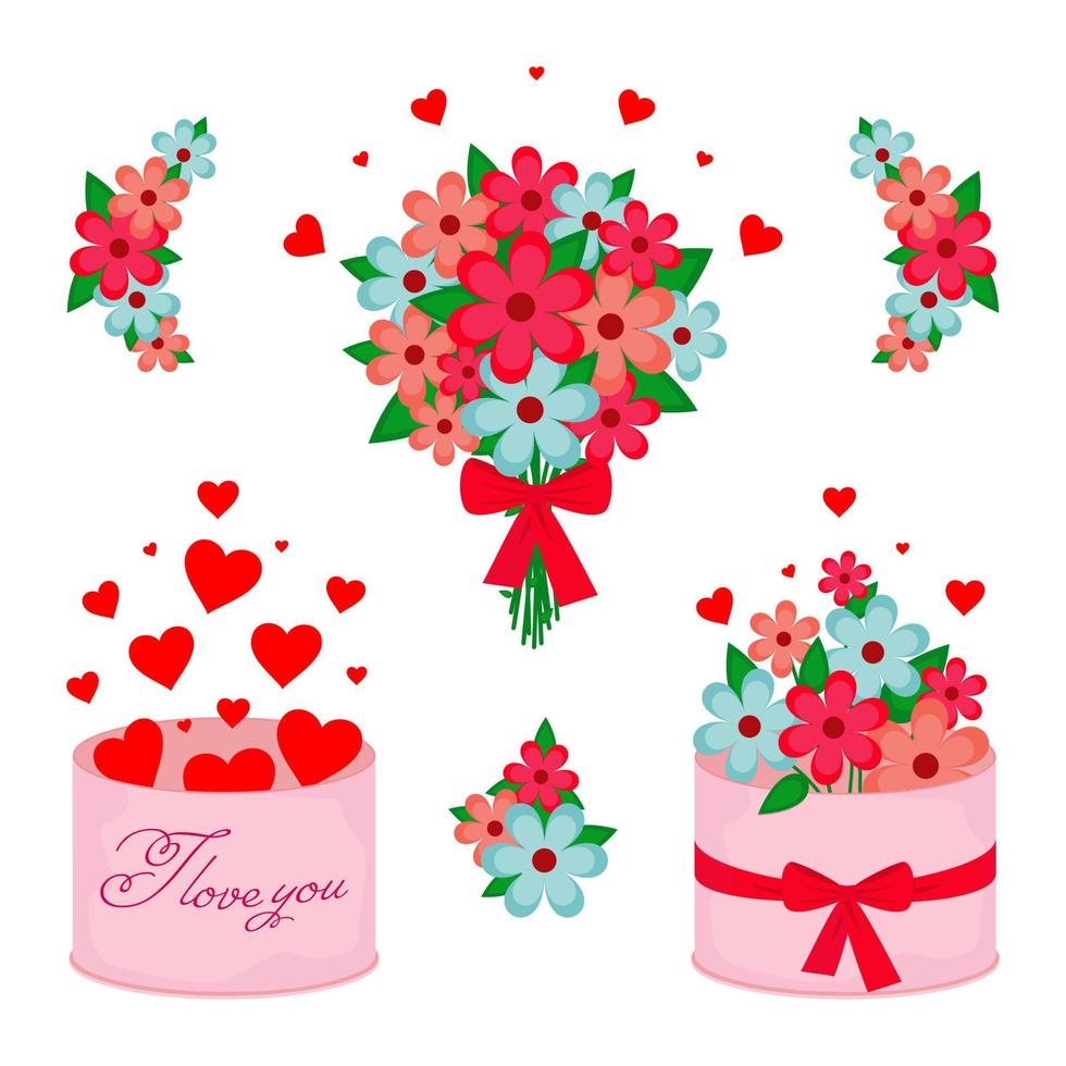 illustration vectorielle. collection. fleurs dans une boîte. bouquet de fleurs félicitations pour la saint valentin. cadeau vecteur