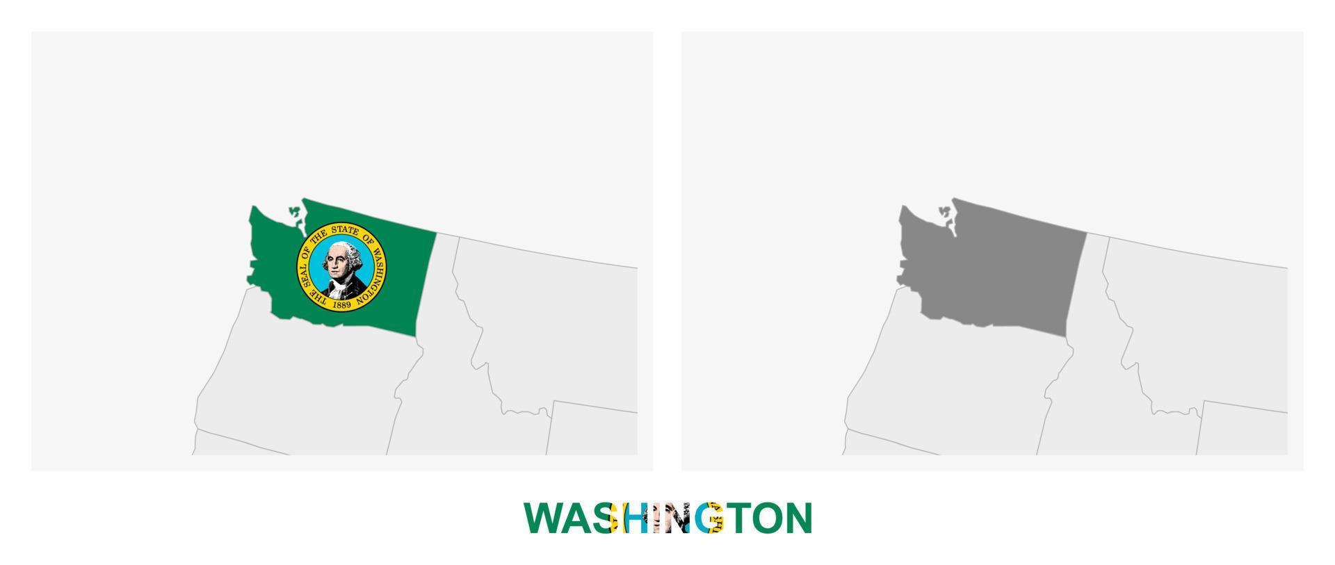 deux versions de la carte de l'état américain de washington, avec le drapeau de washington et surlignées en gris foncé. vecteur