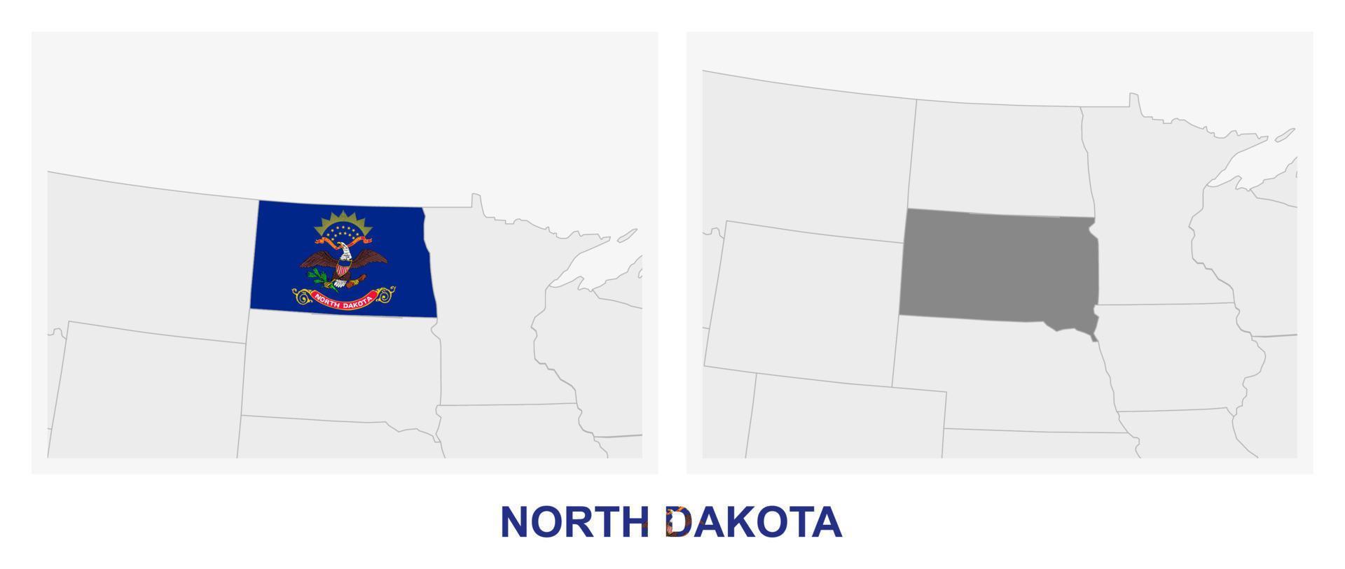 deux versions de la carte de l'état américain du dakota du nord, avec le drapeau du dakota du nord et surlignées en gris foncé. vecteur