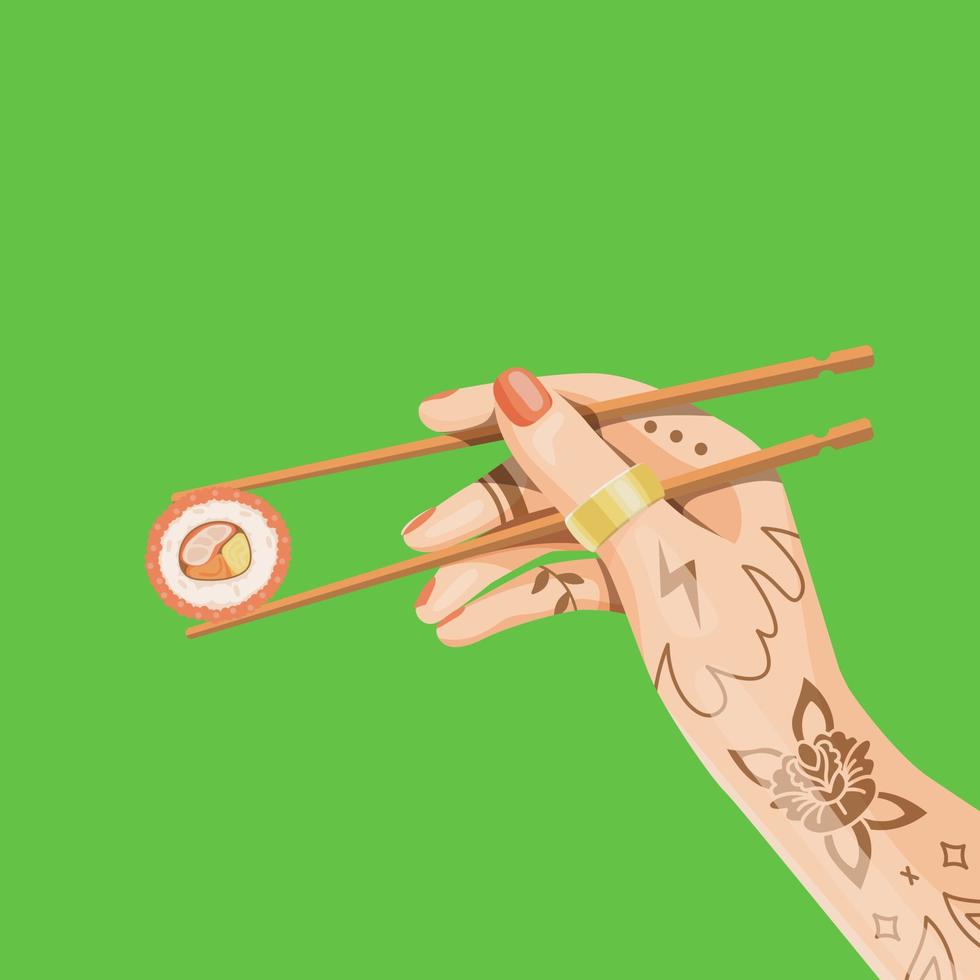 mains avec des tatouages tenant des baguettes avec un rouleau de sushi. ensemble de vecteurs de dessin animé. vecteur
